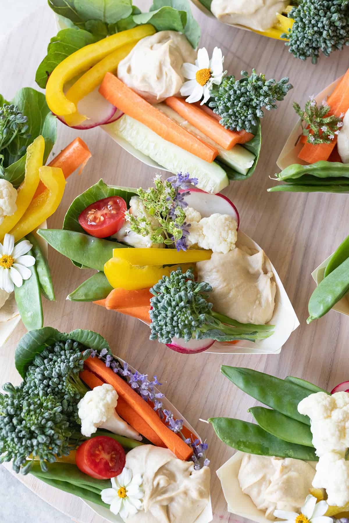 Party appetizer with fresh vegetables served with homemade hummus.