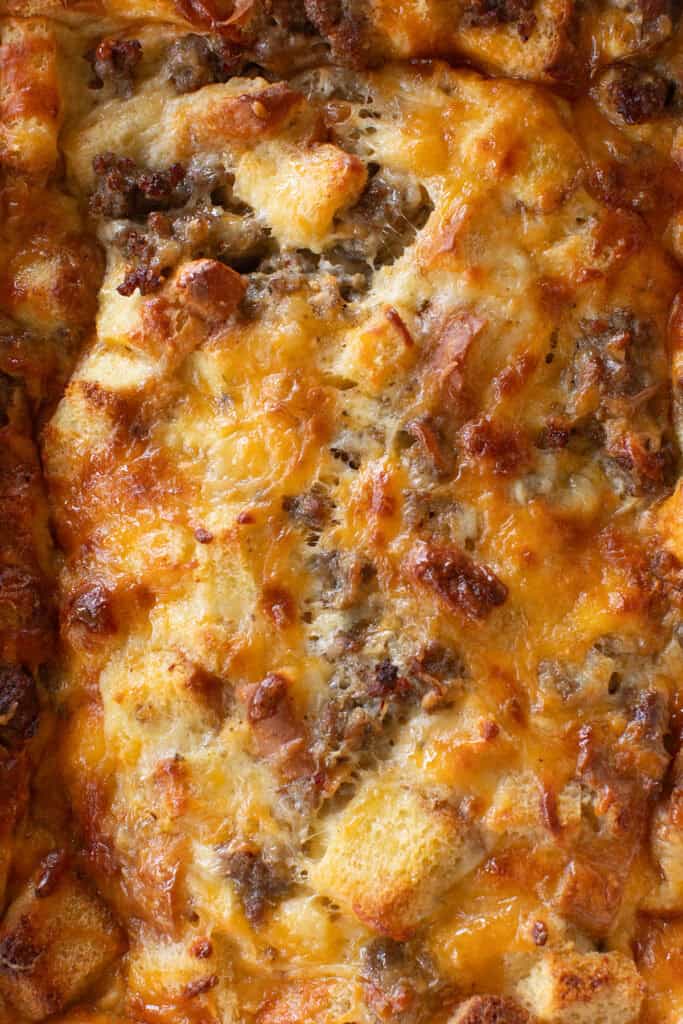 Cheesy baked Christmas breakfast casserole.