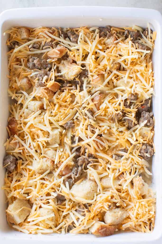 Layers of ingredients to in a casserole pan.