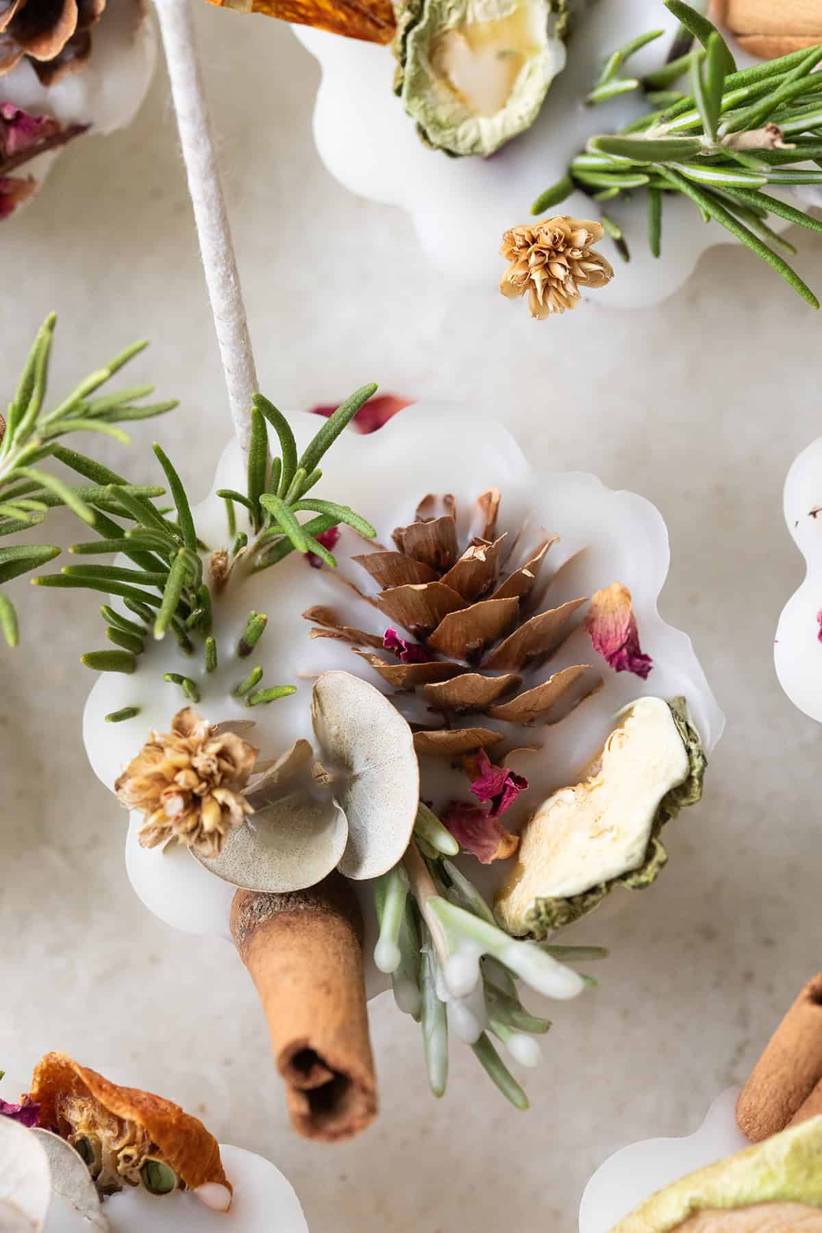 DIY fire starter with pinecones, cinnamon, rosemary, and flowers. 