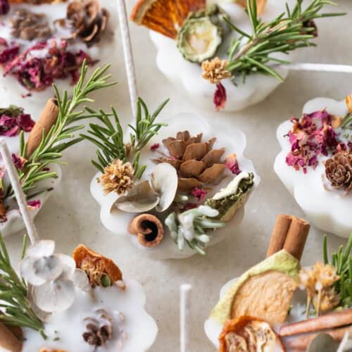 Homemade fire starters with herbs, flowers and natural elements.