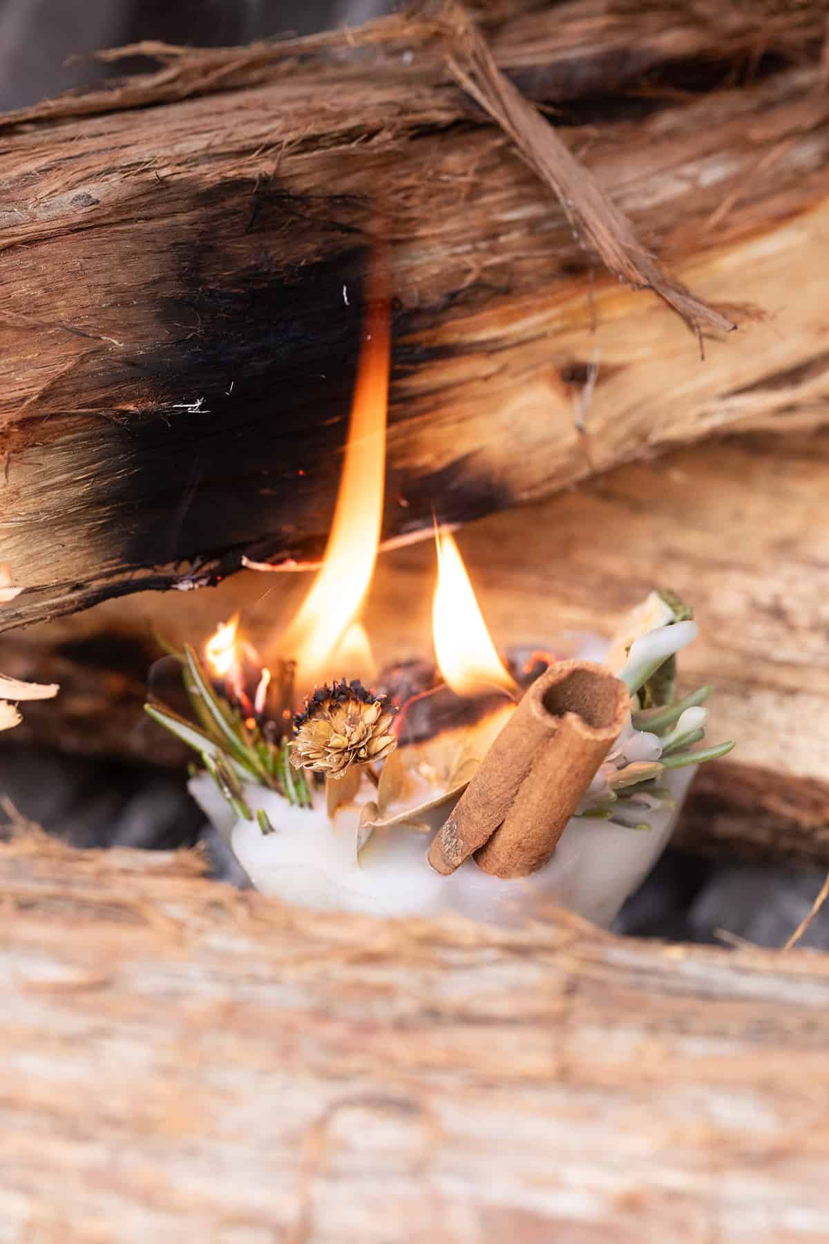 Beeswax fire starter with natural elements in a fire.