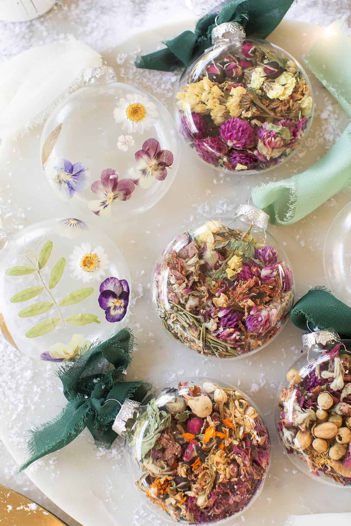 DIY Christmas ornaments using dried flowers.