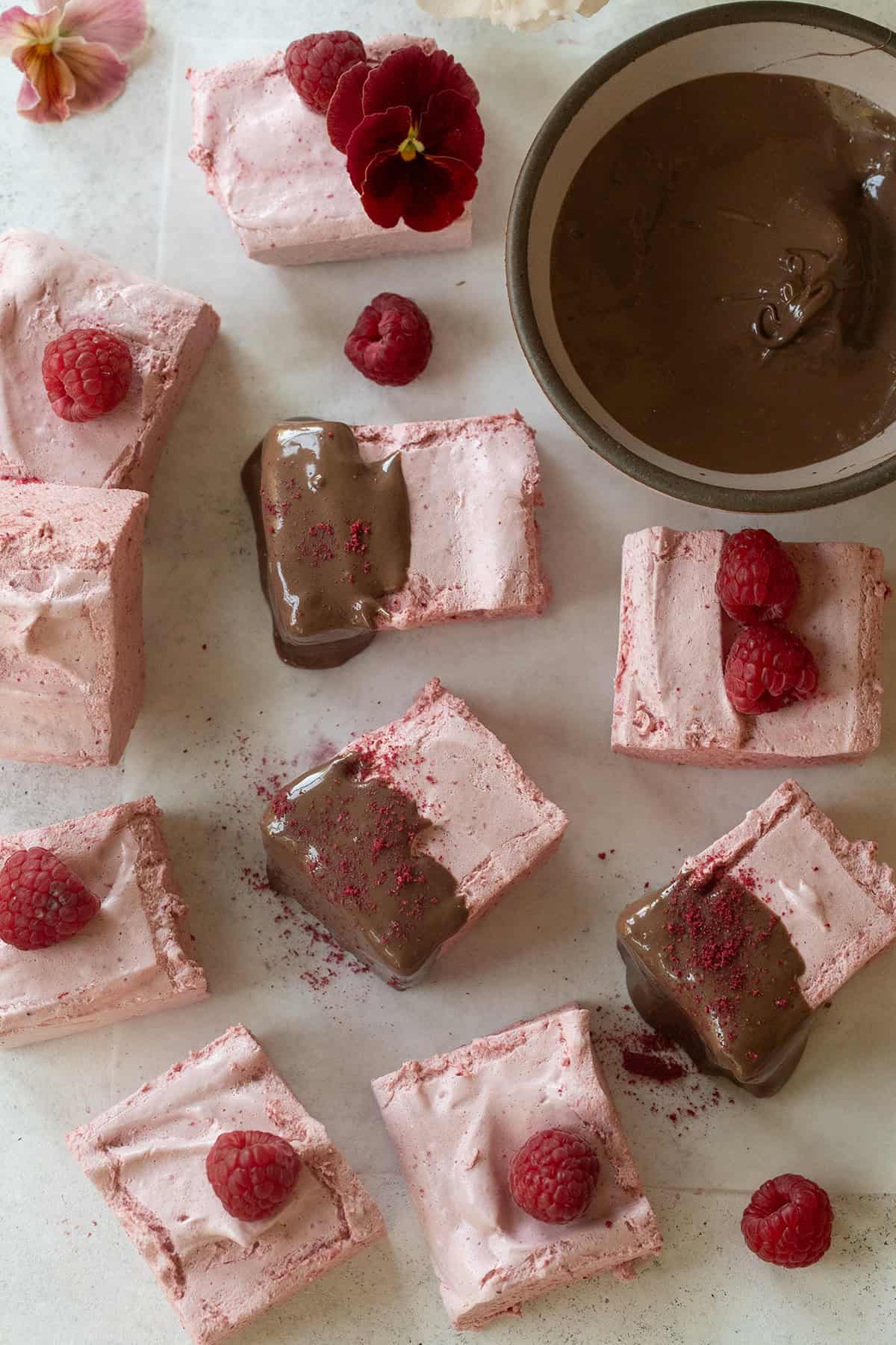 Pink marshmallows made with honey.