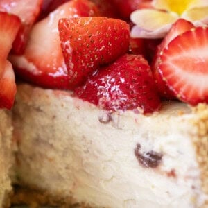 Strawberry cheesecake, topped with glazed strawberries.