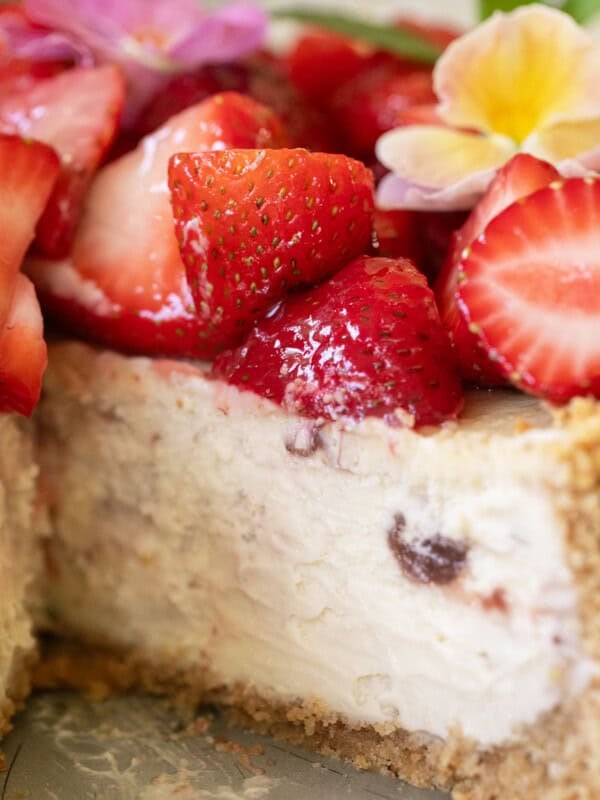 Strawberry cheesecake, topped with glazed strawberries.