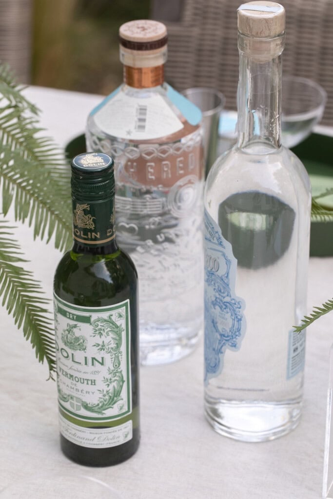 Ingredients to make a dirty martini at a party.