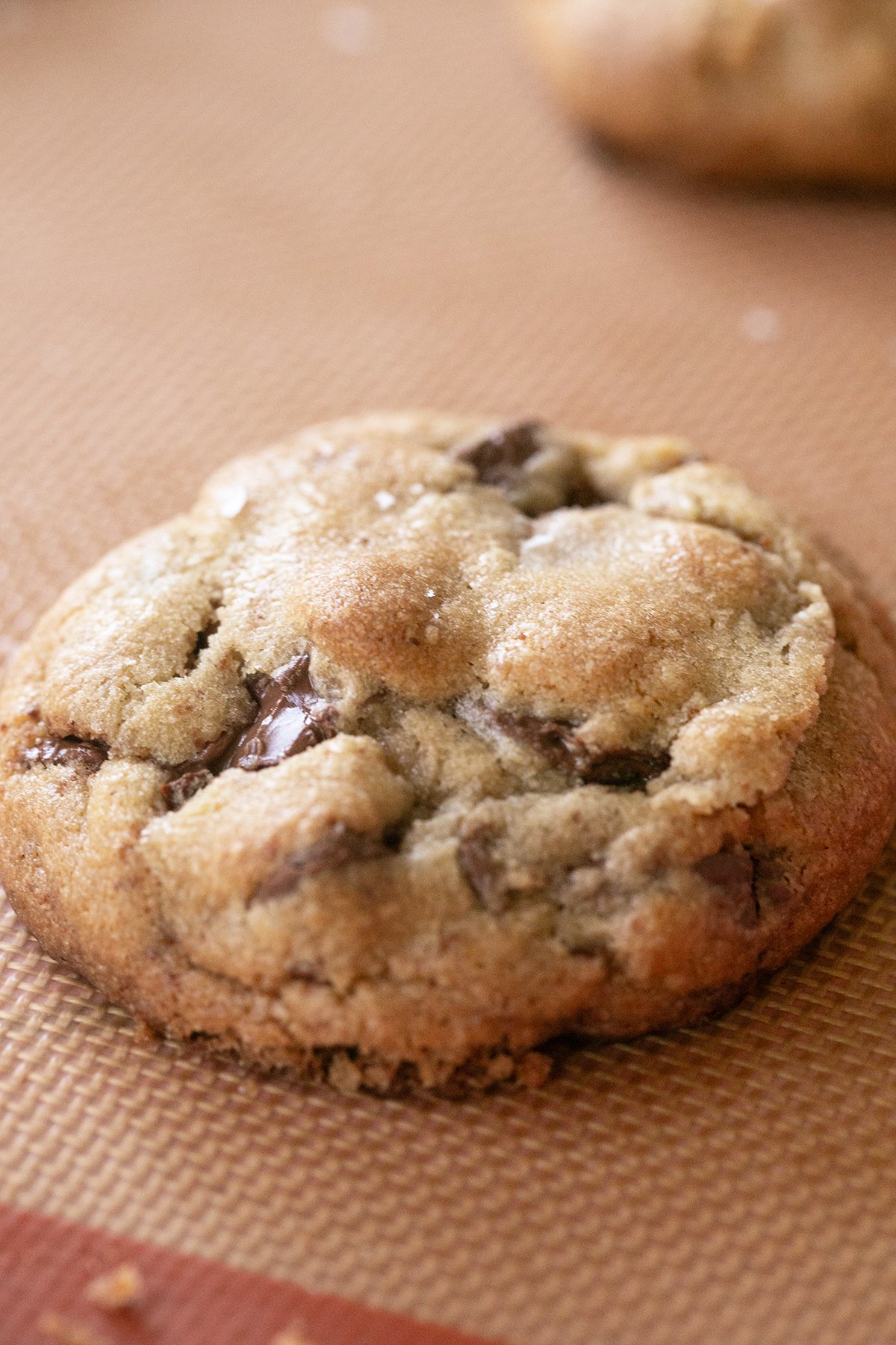 Brown butter chocolate chip cookie on a baking sheet.