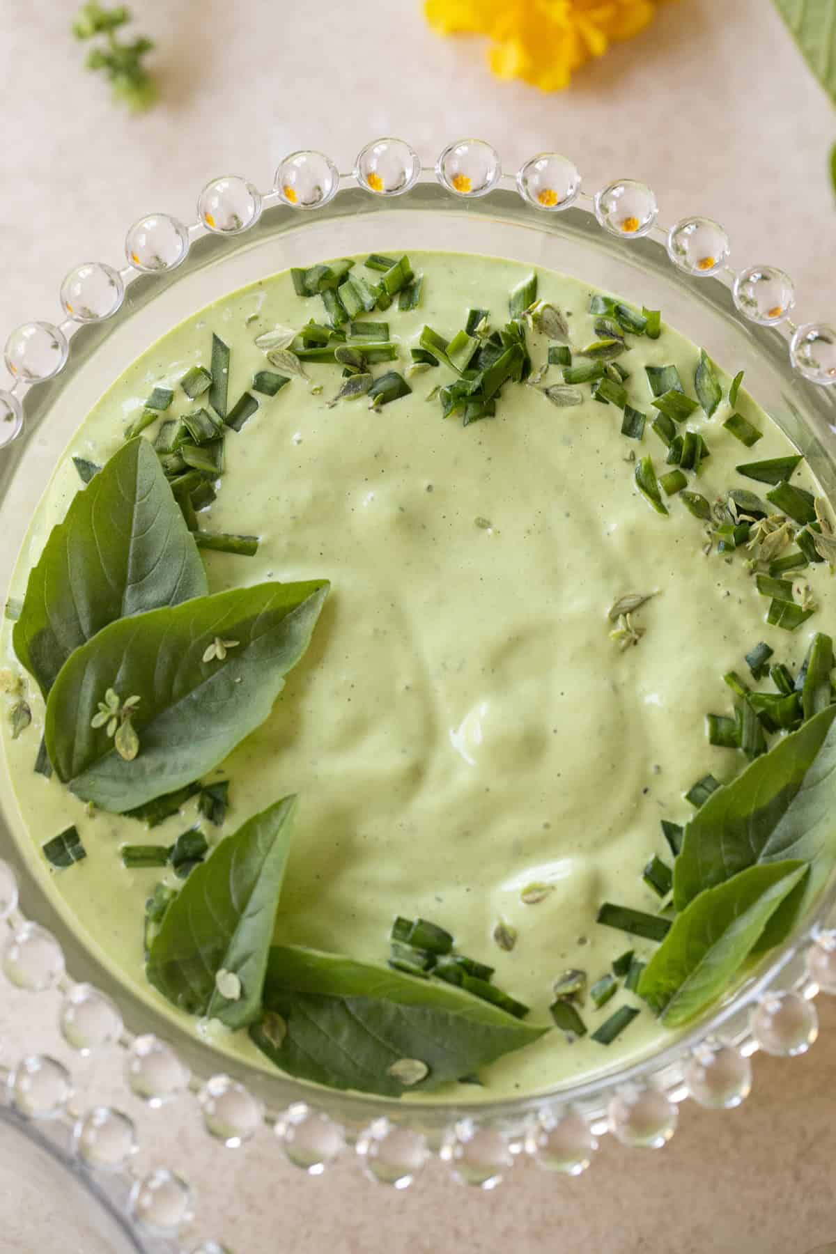 A green dip made for vegetables or as a salad dressing.
