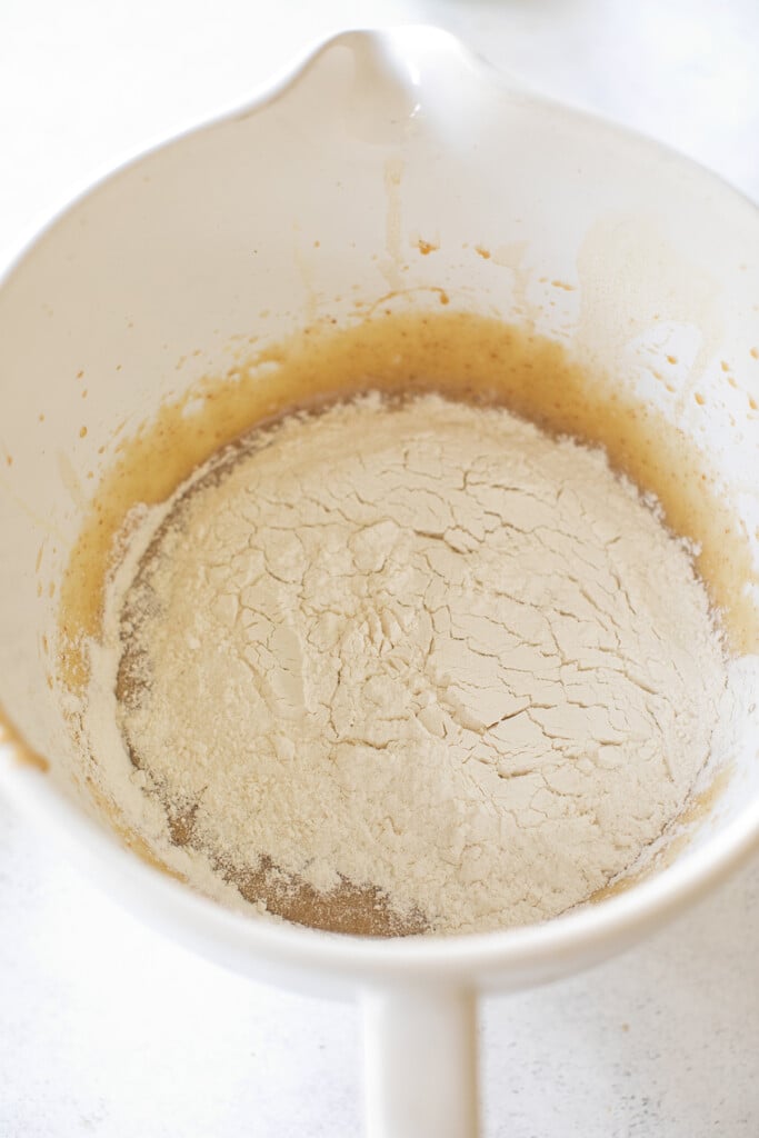 Flour, baking soda and salt mixed with browned butter and sugars. 