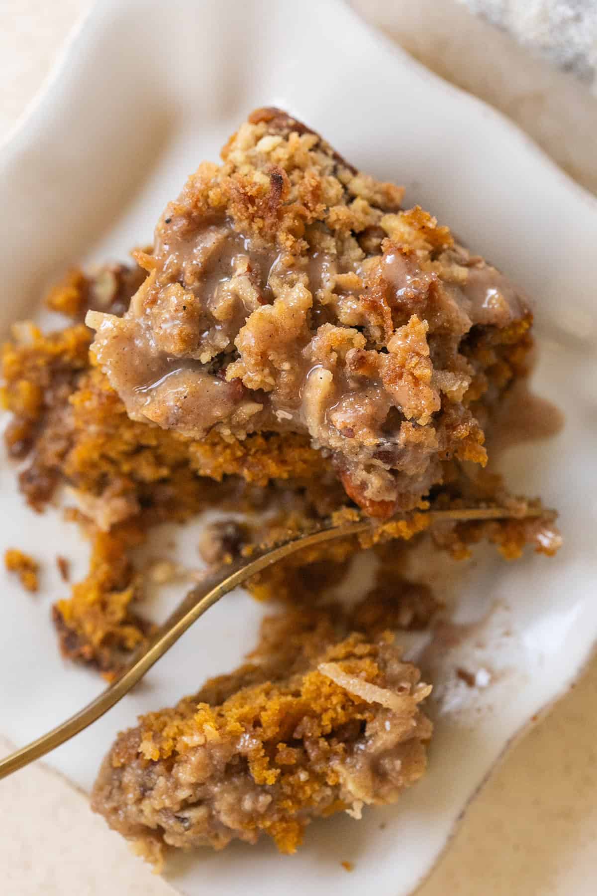 Coconut pecan crumb topping on homemade pumpkin coffee cake.