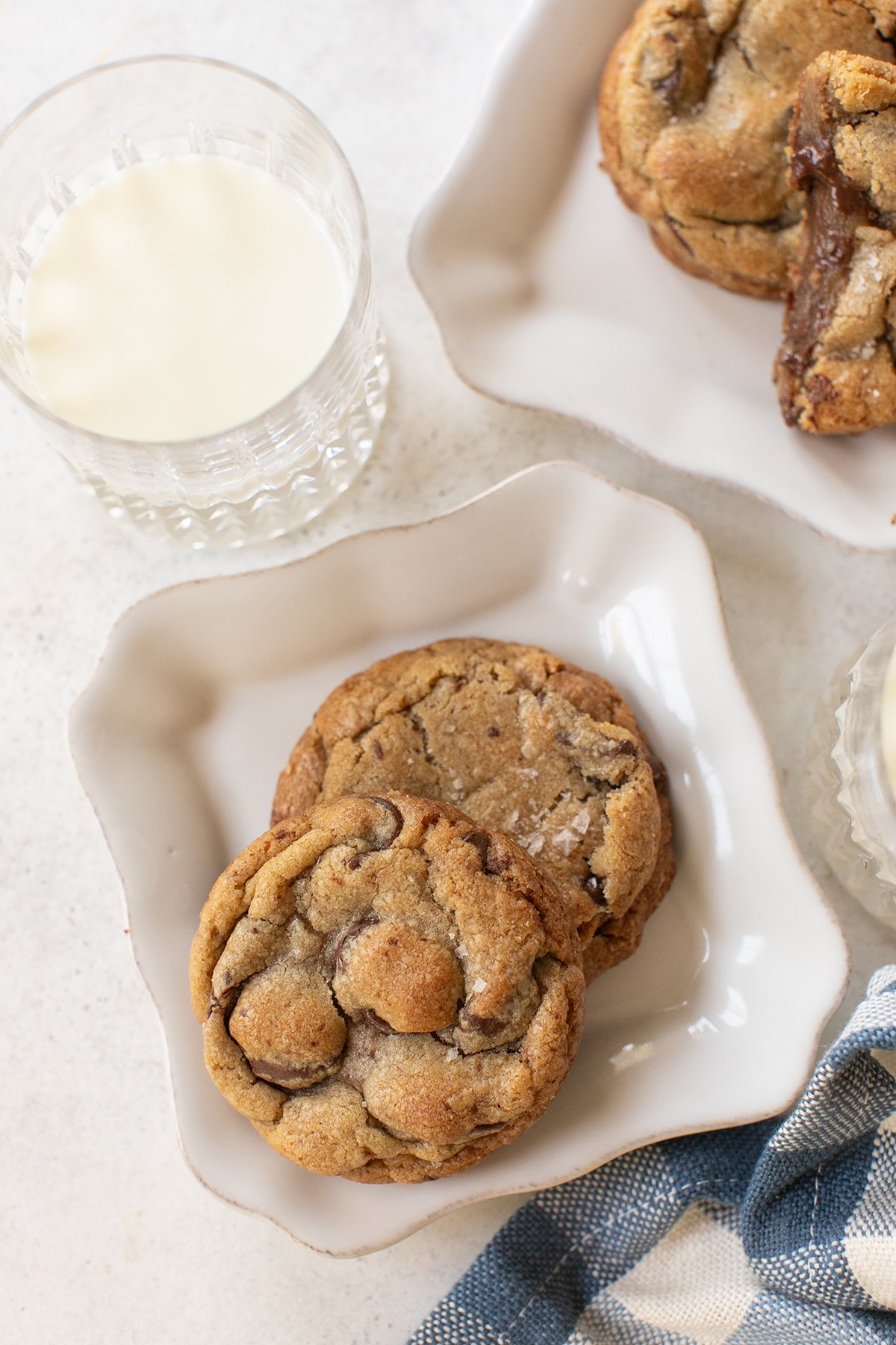 Brown butter chocolate chip cookies on a plate.