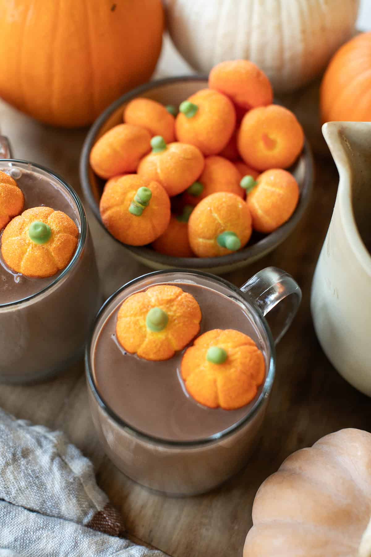Mug of pumpkin spice hot chocolate surrounded by mini pumpkins and fall leaves.