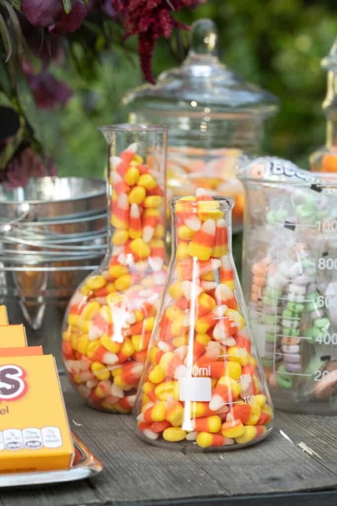 Candy corn in beakers. 