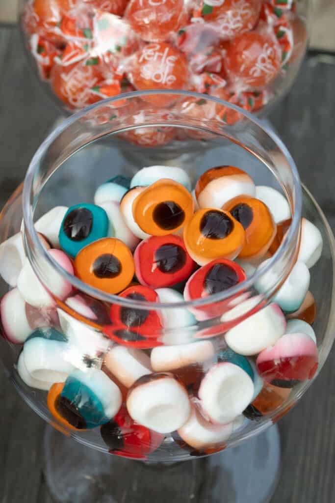 Gummy eyeballs in a glass jar.