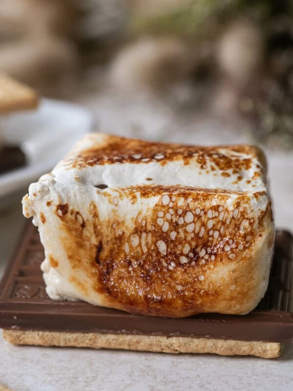 Toasted maple syrup marshmallow on chocolate for a smores.