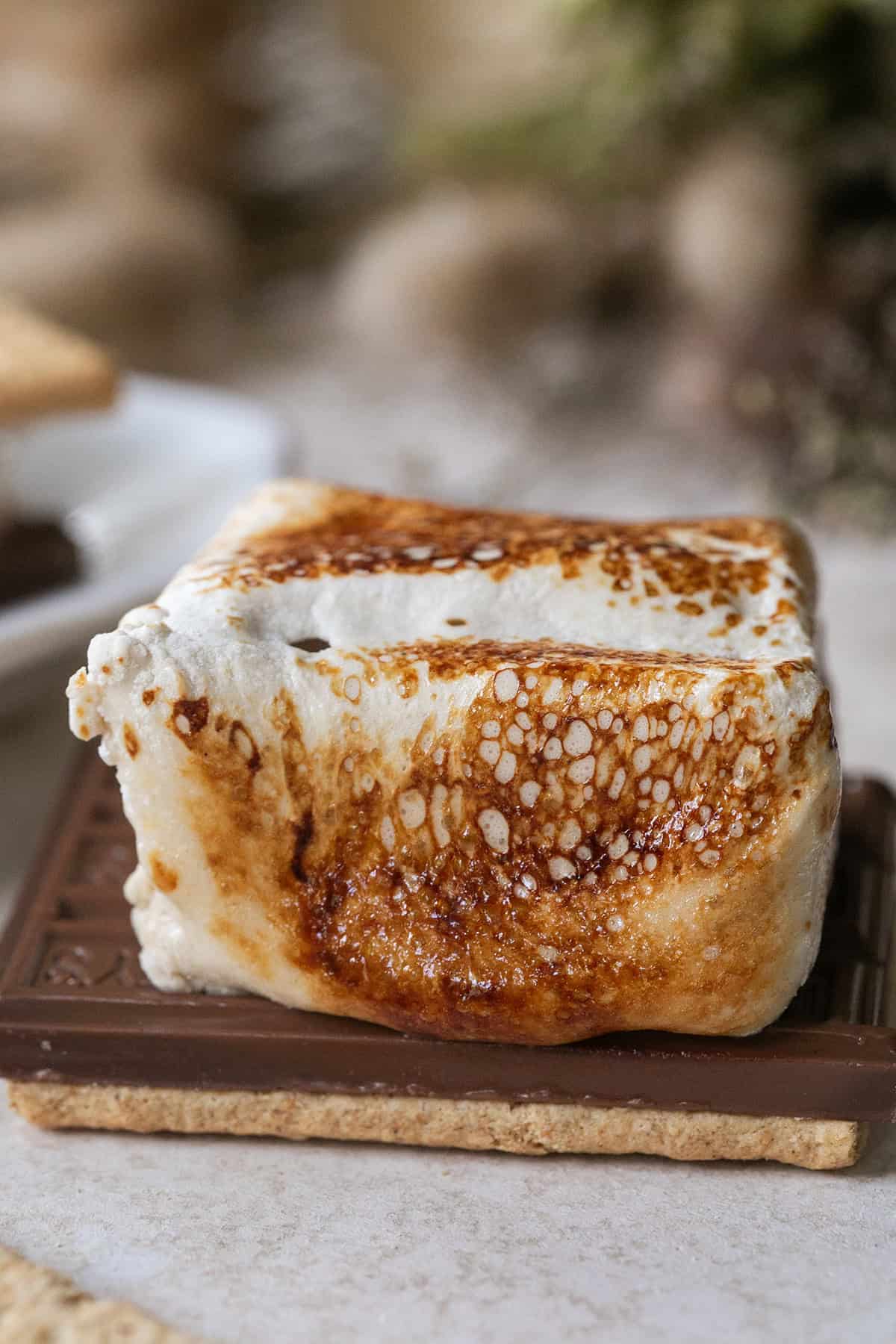 Toasted maple syrup marshmallow on chocolate for a s'mores.