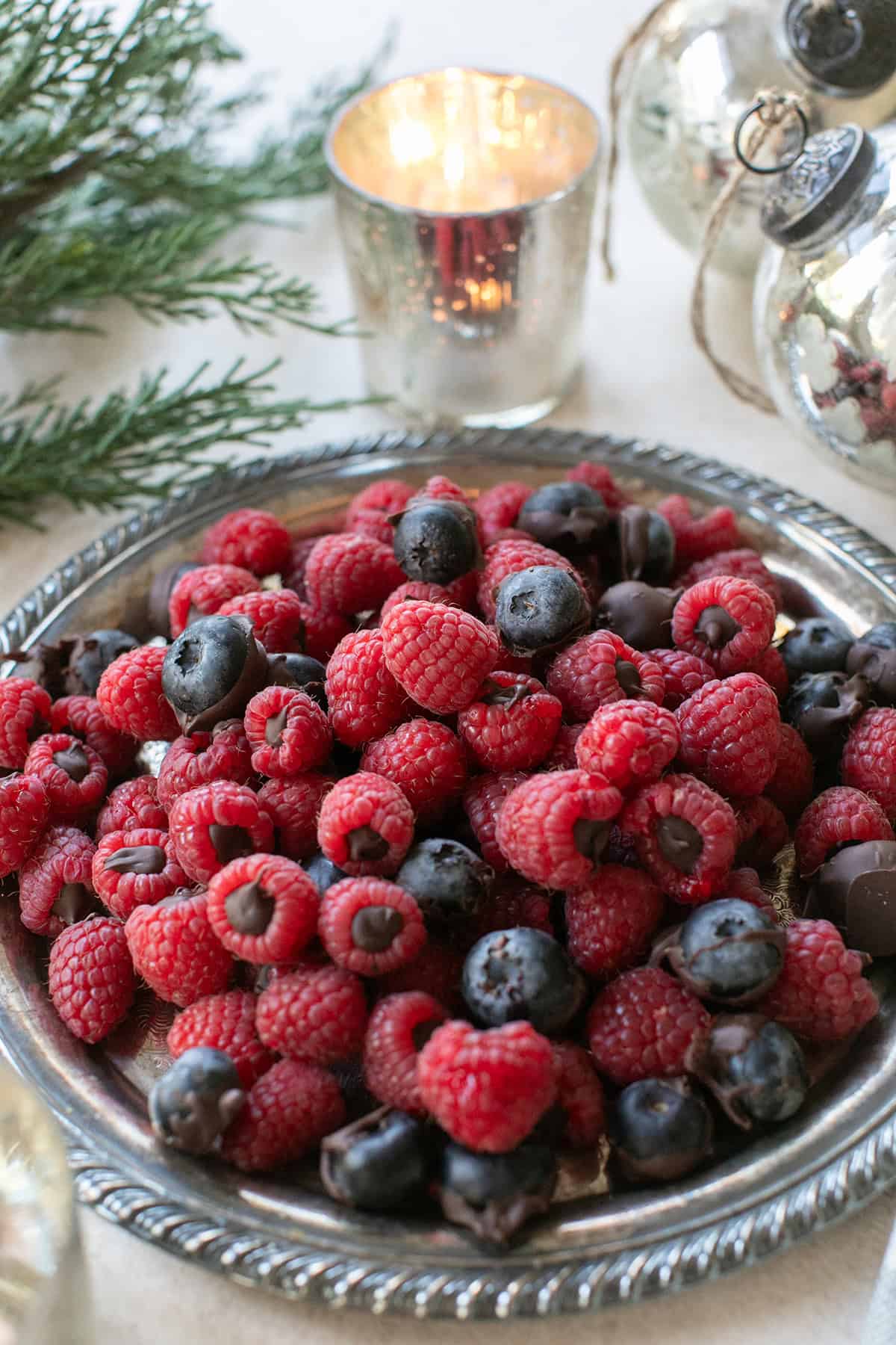 Chocolate covered berries and chocolate filled raspberries.