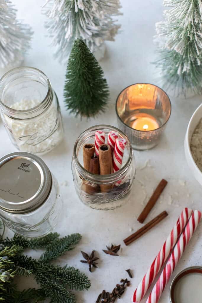 A holiday simmer pot filled with peppermint, cinnamon, nutmeg and coconut.