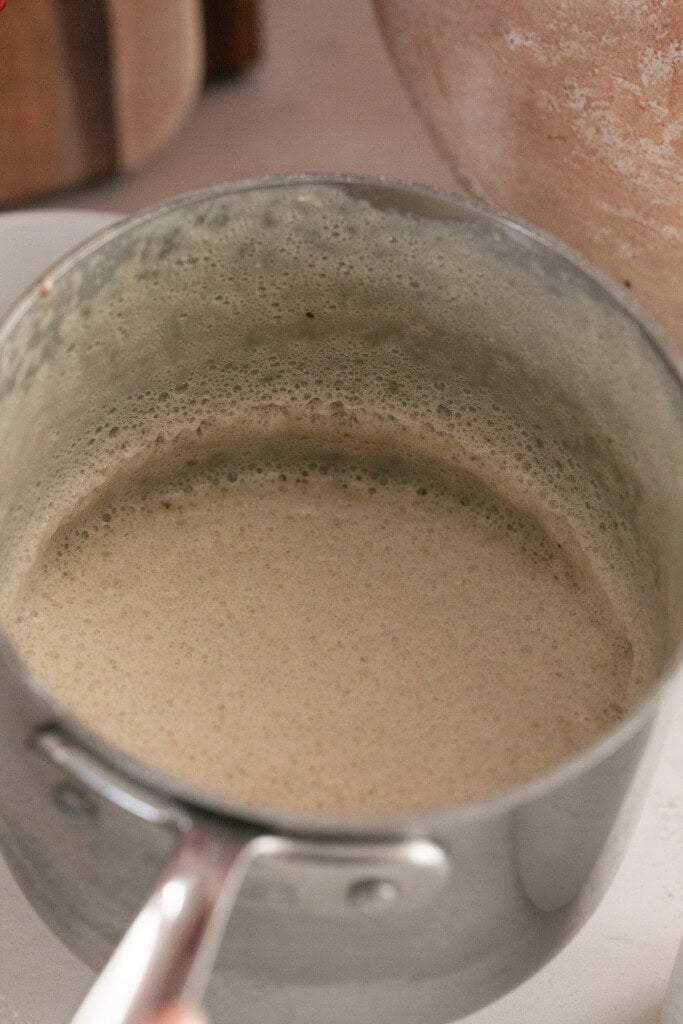 Melted marshmallows in a pan.