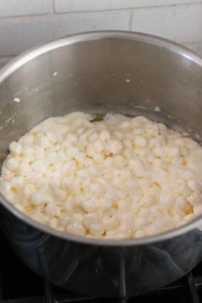 Melted marshmallows in a large pot.