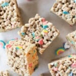 Vibrant Lucky Charms rice Krispies treats topped with colorful marshmallows and perfect for celebrations.