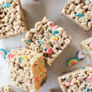 Vibrant Lucky Charms rice Krispies treats topped with colorful marshmallows and perfect for celebrations.