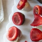Strawberries filled with vanilla jello and then dipped in chocolate.