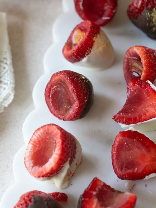 Strawberries filled with vanilla jello and then dipped in chocolate.