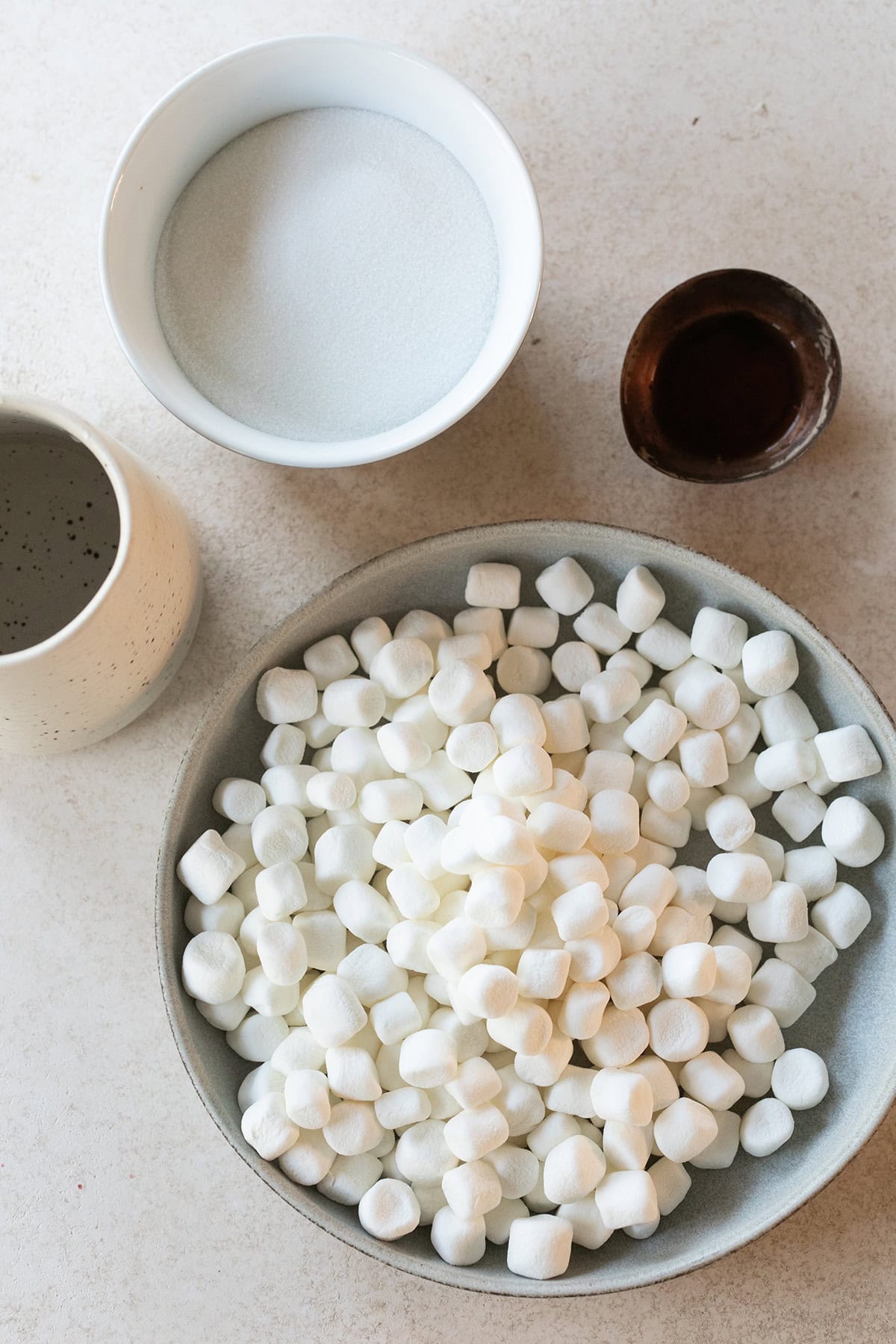 Marshmallows, sugar, water and vanilla.