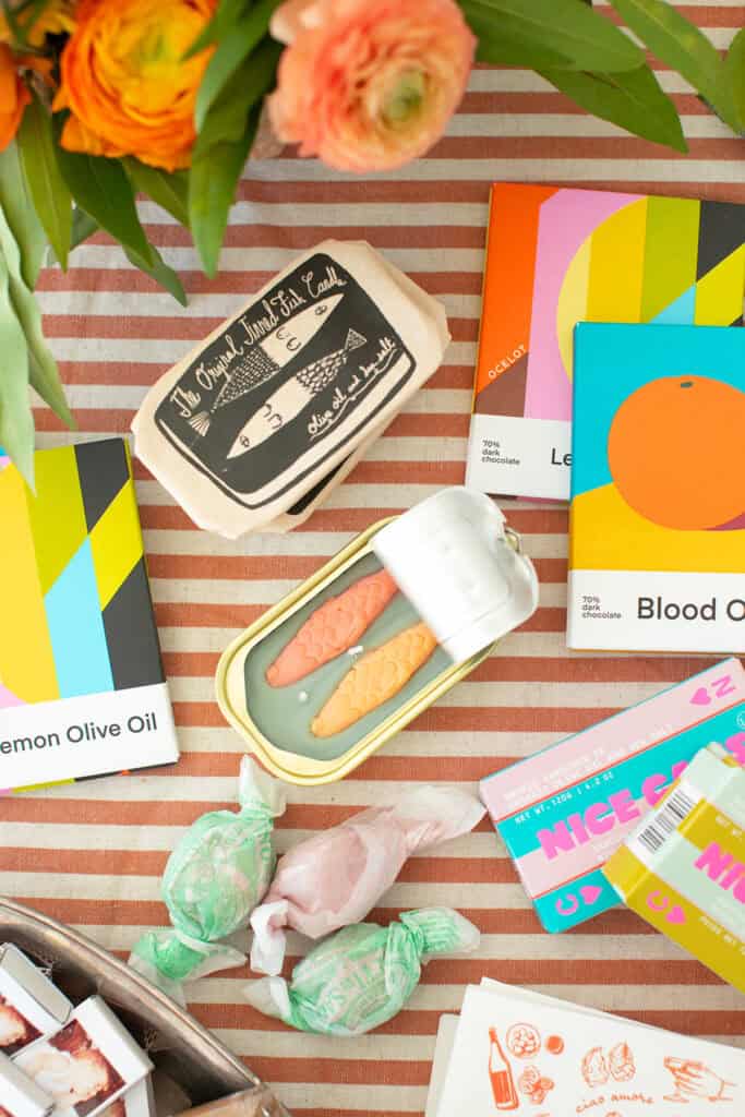 sardine candles and coastal Italian themed table decor.