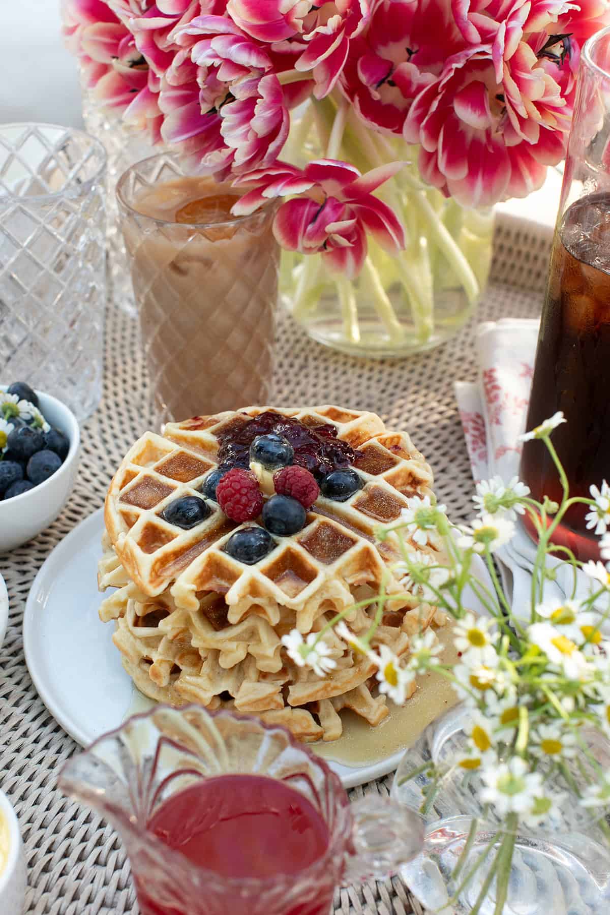 Belgian Waffle recipe on a tray with toppings.