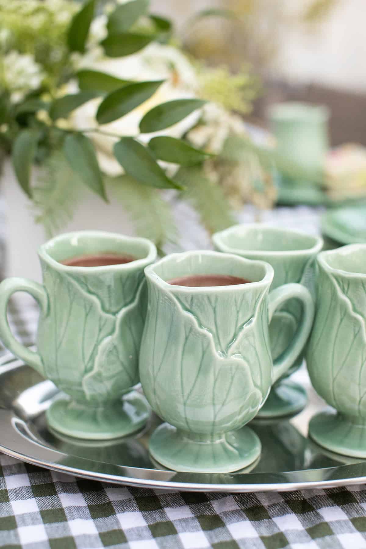 Bailey’s hot chocolate served in cabbage mugs for a St. Patrick’s Day dinner party.