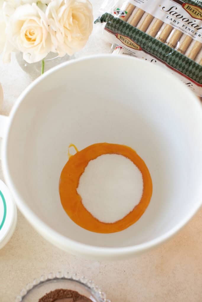 Beating pasteurized egg yolks and sugar together for easy tiramisu filling.