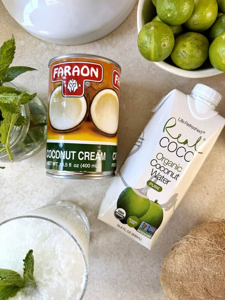 Coconut cream and coconut water to make a coconut spritz.