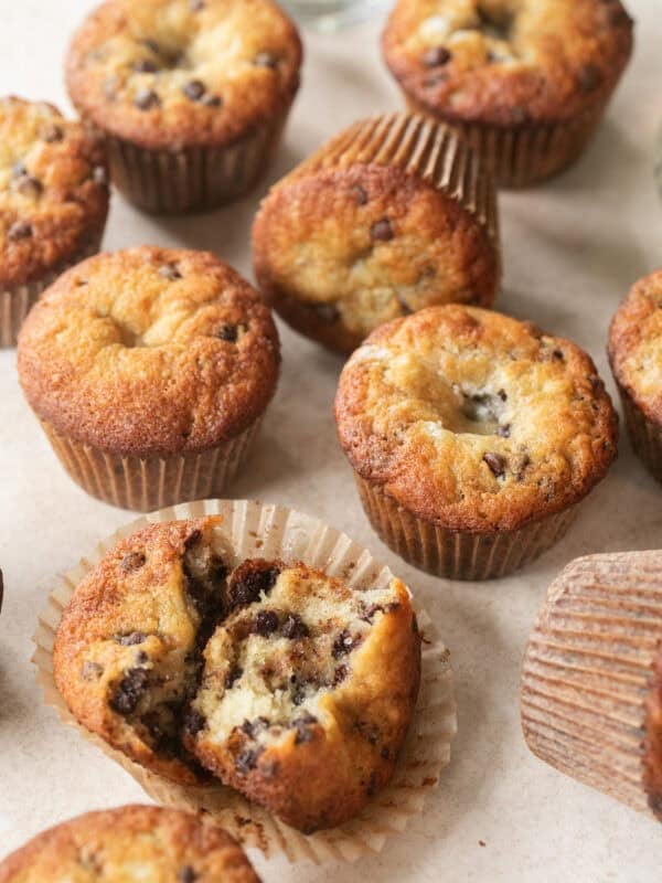 Warm banana chocolate chip muffins.