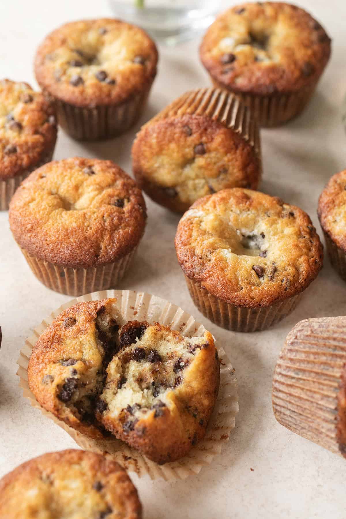 Warm banana chocolate chip muffins.