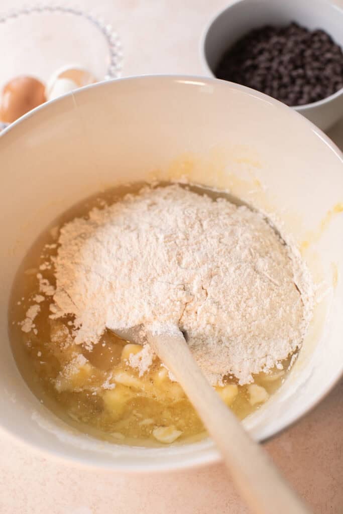 Mashed bananas mixed with eggs, butter, oil, sugar, and vanilla.